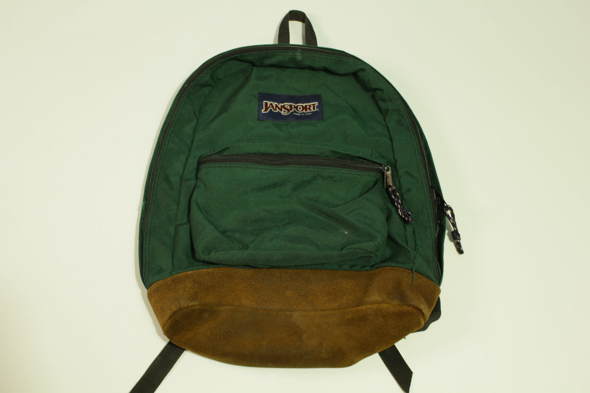 Jansport Made in USA Forest Green Suede Leather Nubuck Bottom Vintage 80's Backpack