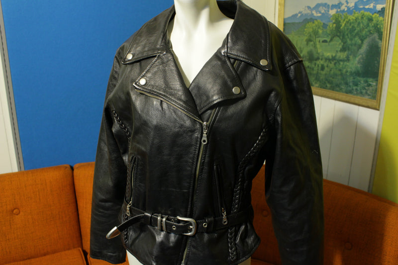 Vintage Fringed BLACK LEATHER Motorcycle Jacket Womens 12/M by FIRST Thinsulate shops