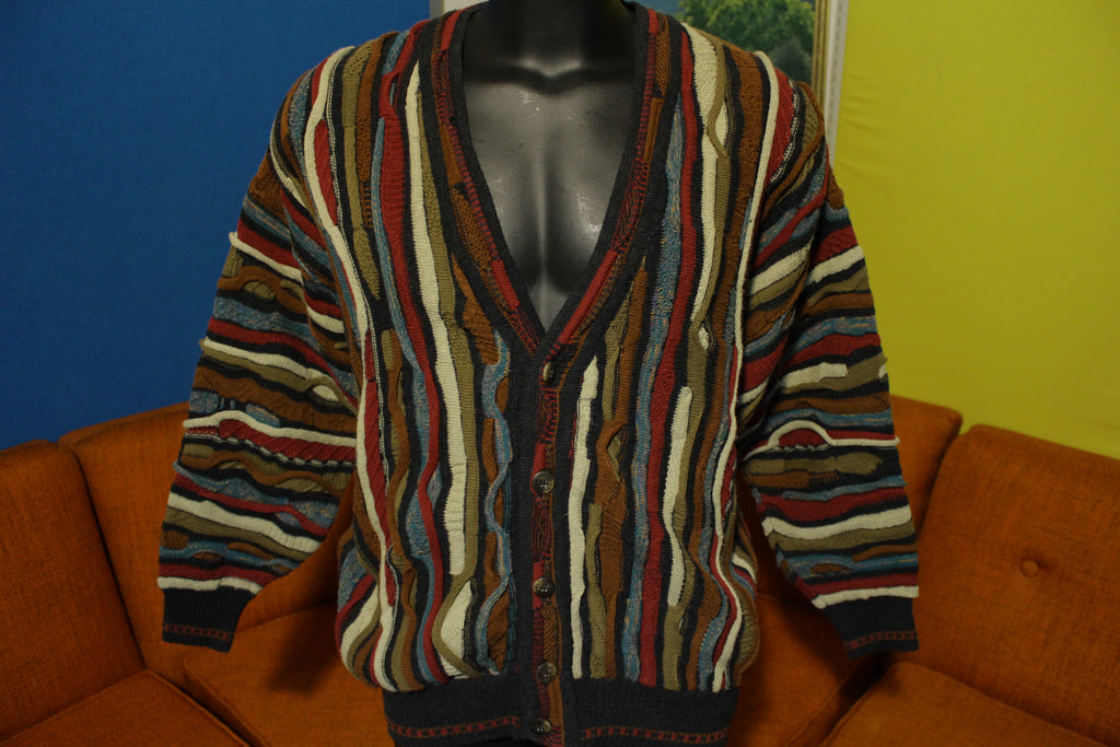 J Ferrar Men's Large Vtg Striped Cardigan Sweater Coogi Style 