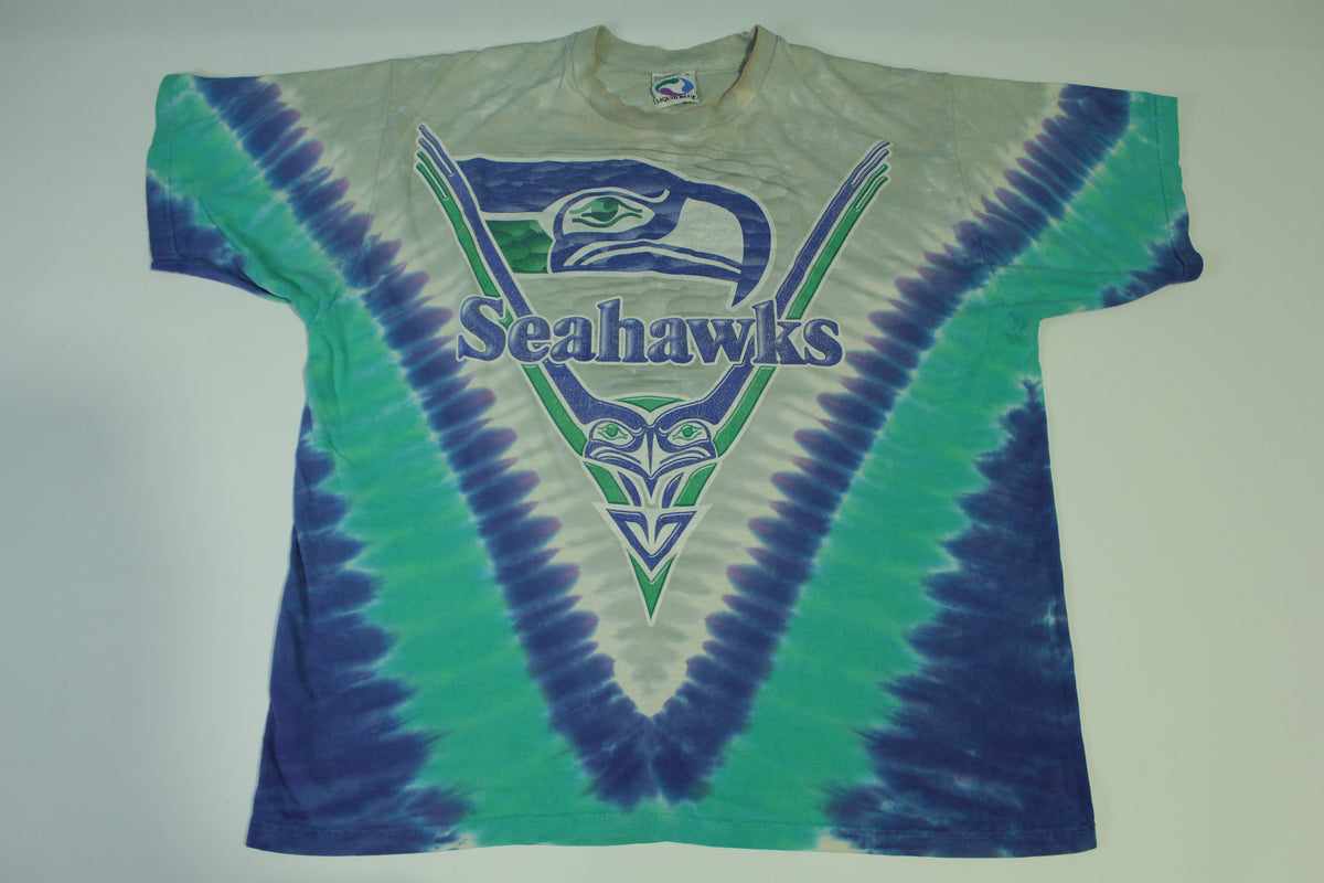 Seattle Seahawks Vintage 90's Tie Dye Liquid Blue Football T-Shirt