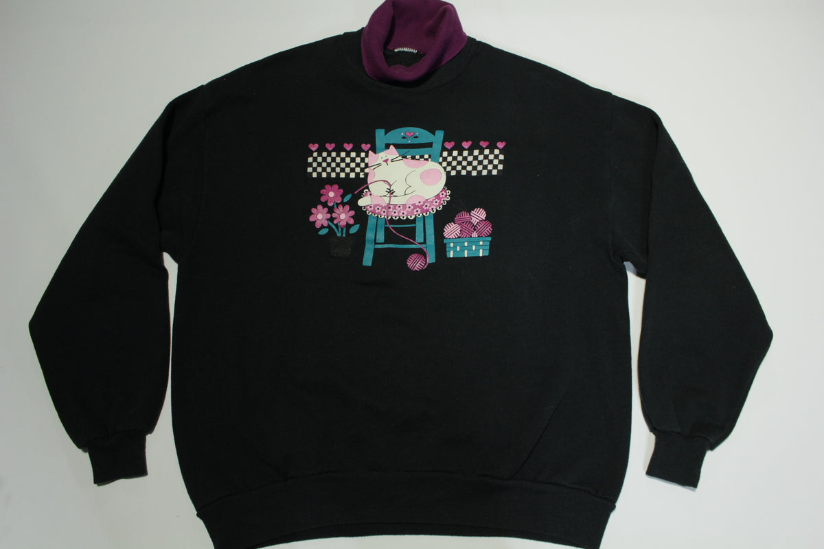 Knitting Turtle Neck Cat Vintage 80's Grandma's Favorite Sweatshirt