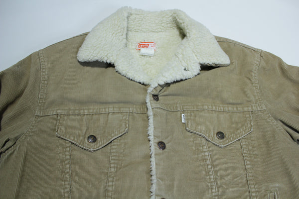 Levis Vintage 80's Sherpa Lined Made in USA Distressed Corduroy Tan Trucker Jacket