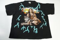 American Thunder Native American Woman & Wolf Lighting Vintage 90's Sunrise T-Shirt