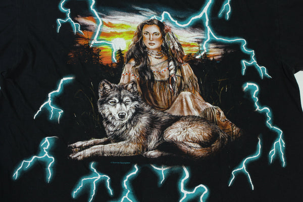 American Thunder Native American Woman & Wolf Lighting Vintage 90's Sunrise T-Shirt