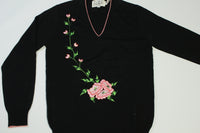 Rochelle California Vintage Women's 80's Embroidered Rose Flower Vines V-Neck Sweater