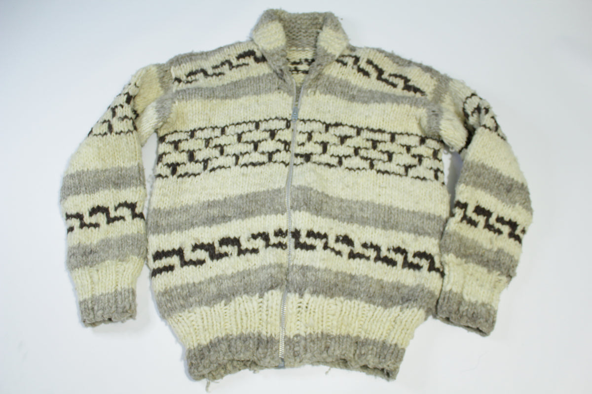 Hand Knit Cowl Heavyweight Lightning Zipper Cowichan Curling Sweater Vintage 60s