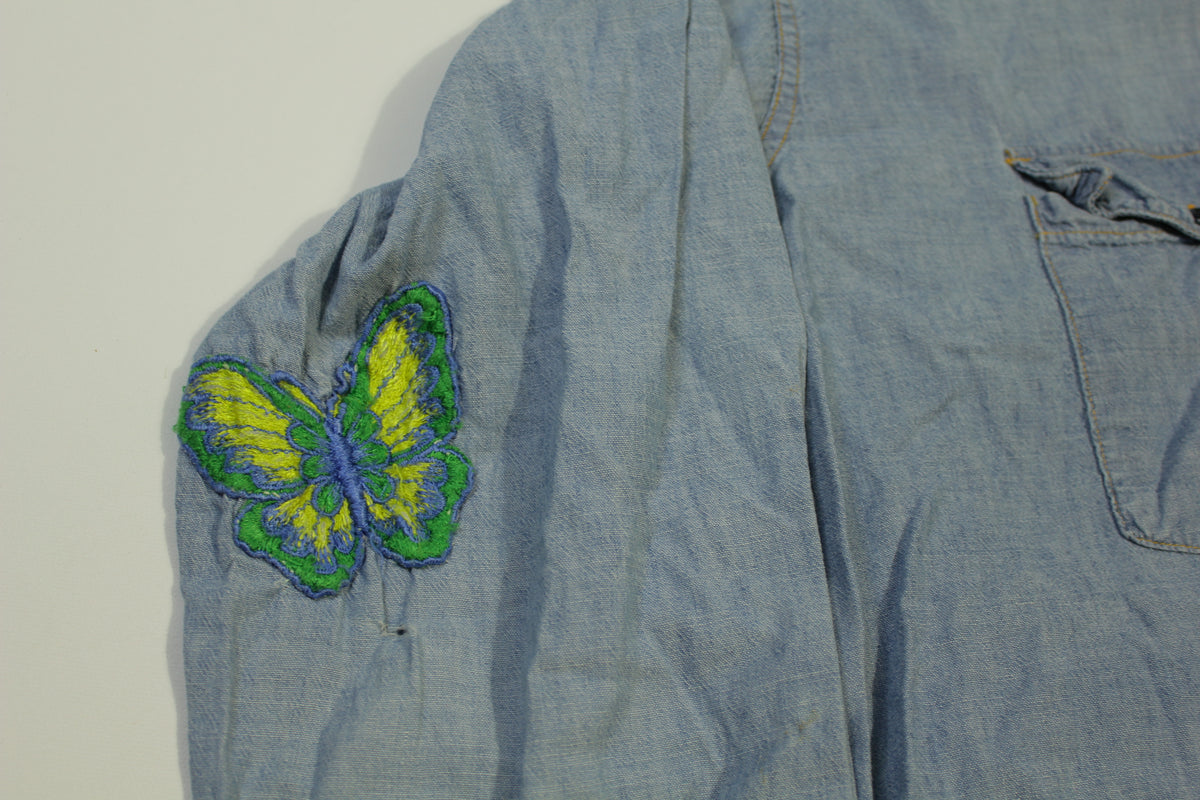 Levis Embroidered Patch Butterfly Vintage 70's Hippie Chambray Button Up Work Shirt