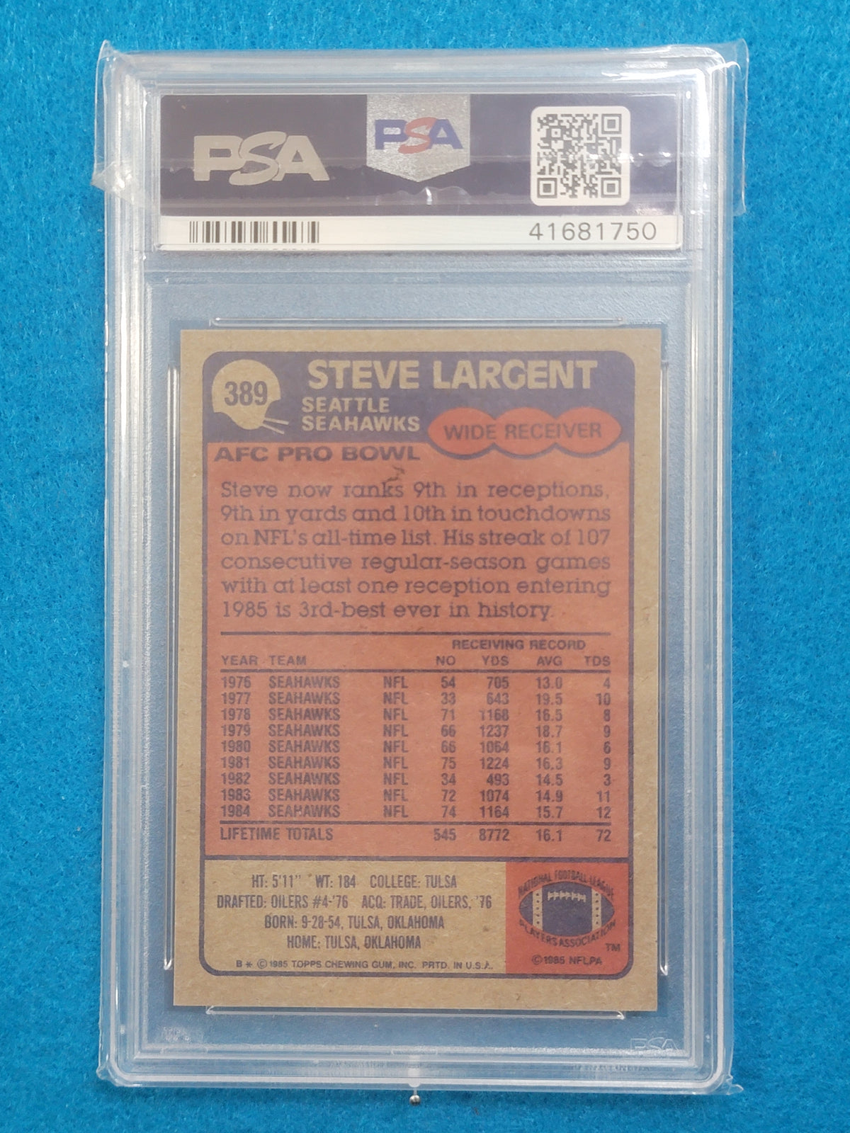Steve Largent 1977 - 1989 Complete Basic Topps Player Set PSA Graded Mint 9 & 10 (RC)