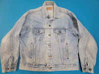 Levis 80's Vintage 70507-0214 Denim Blue Jean Trucker Jacket w/ Black Bar Tack USA MADE