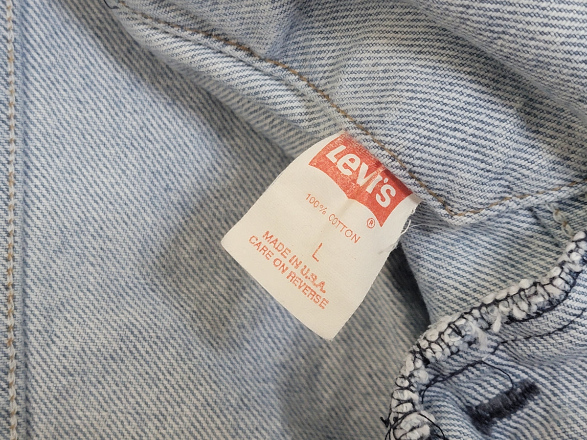 Levis 80's Vintage 70507-0214 Denim Blue Jean Trucker Jacket w/ Black Bar Tack USA MADE