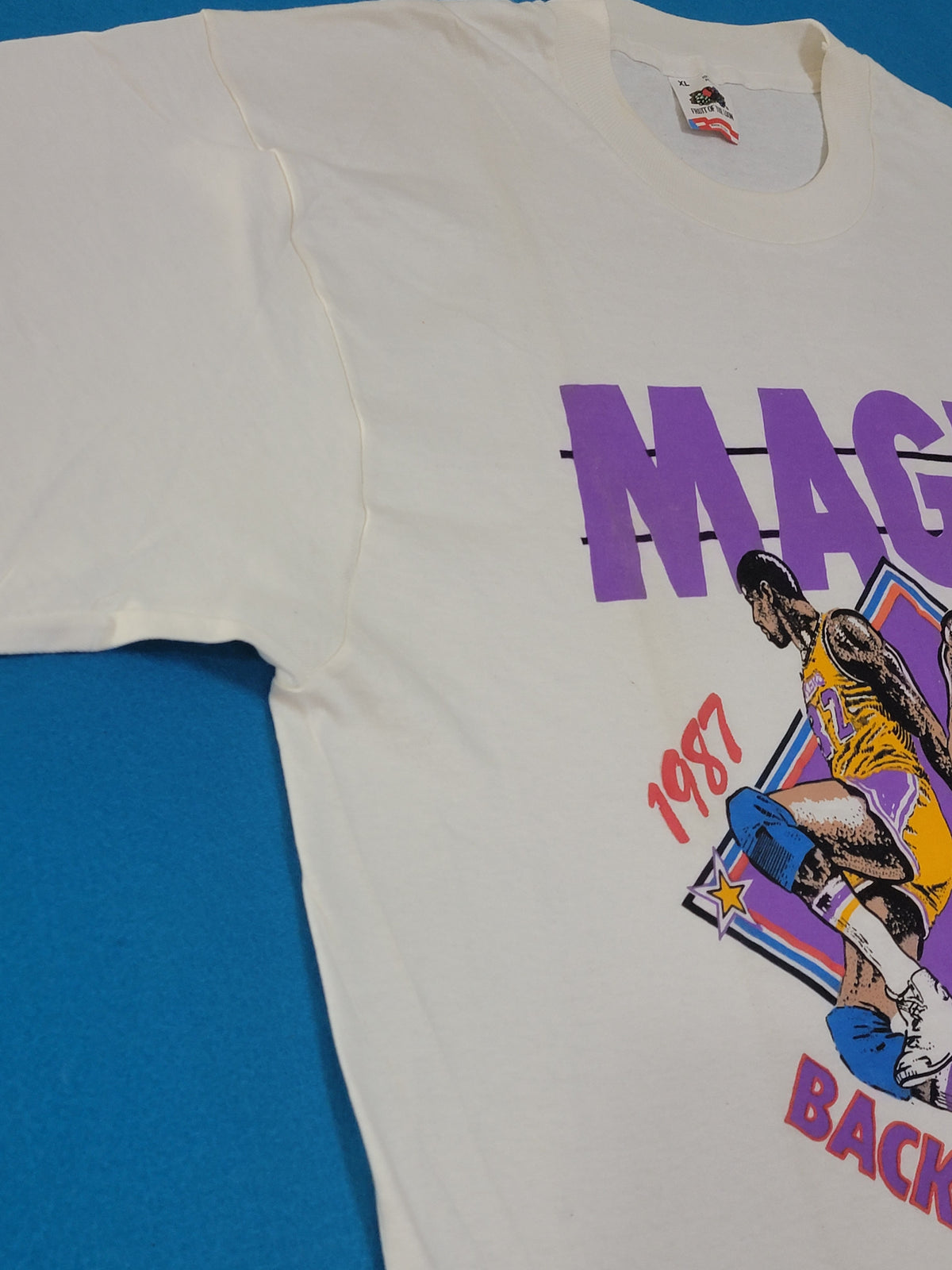 Los Angeles Lakers Vintage Magic Johnson 1987 1988 Back to Back World Champions 80's Single Stitch USA T-Shirt Puff Print