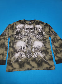 MMA Elite Thermal Long Sleeve Waffle Knit Skull Cross Tribal Vintage Y2K Biker T-Shirt