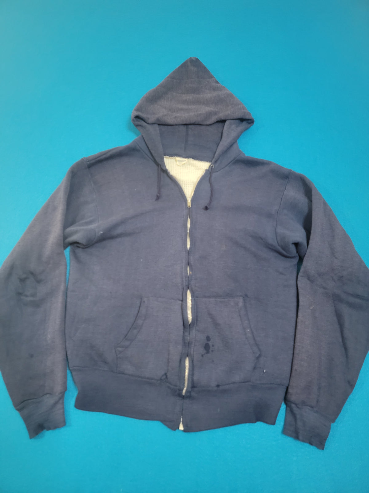 Healthknit Double Face Hoodie Vintage Thermal Waffle Lined Talon Zipper 60s 70s Navy Blank Sweatshirt