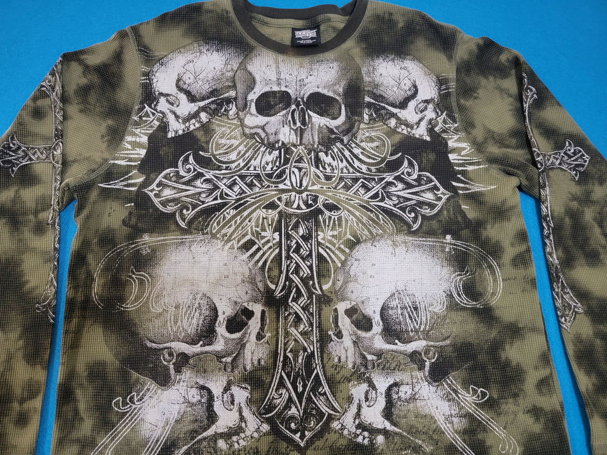 MMA Elite Thermal Long Sleeve Waffle Knit Skull Cross Tribal Vintage Y2K Biker T-Shirt