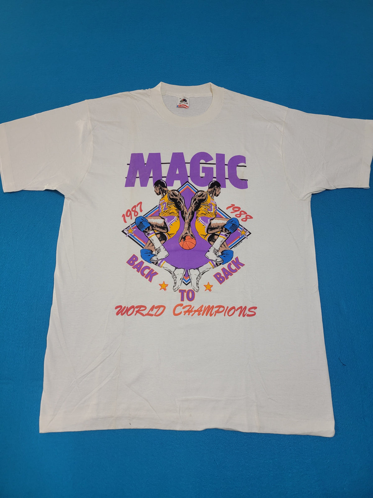 Los Angeles Lakers Vintage Magic Johnson 1987 1988 Back to Back World Champions 80's Single Stitch USA T-Shirt Puff Print