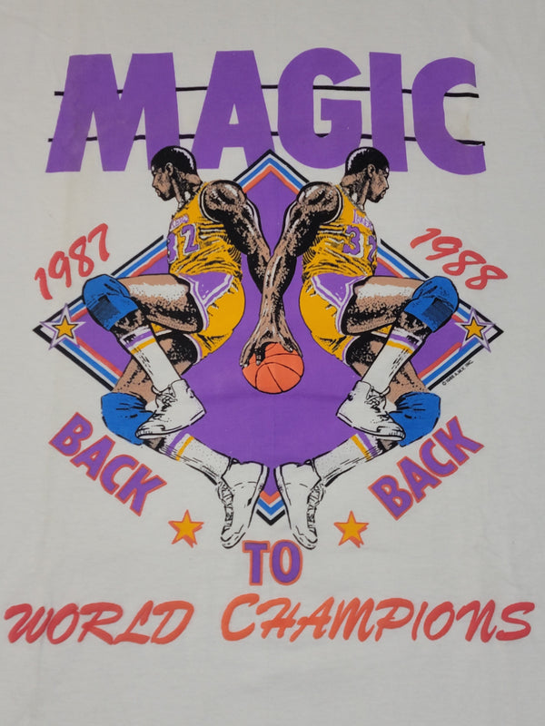 Los Angeles Lakers Vintage Magic Johnson 1987 1988 Back to Back World Champions 80's Single Stitch USA T-Shirt Puff Print
