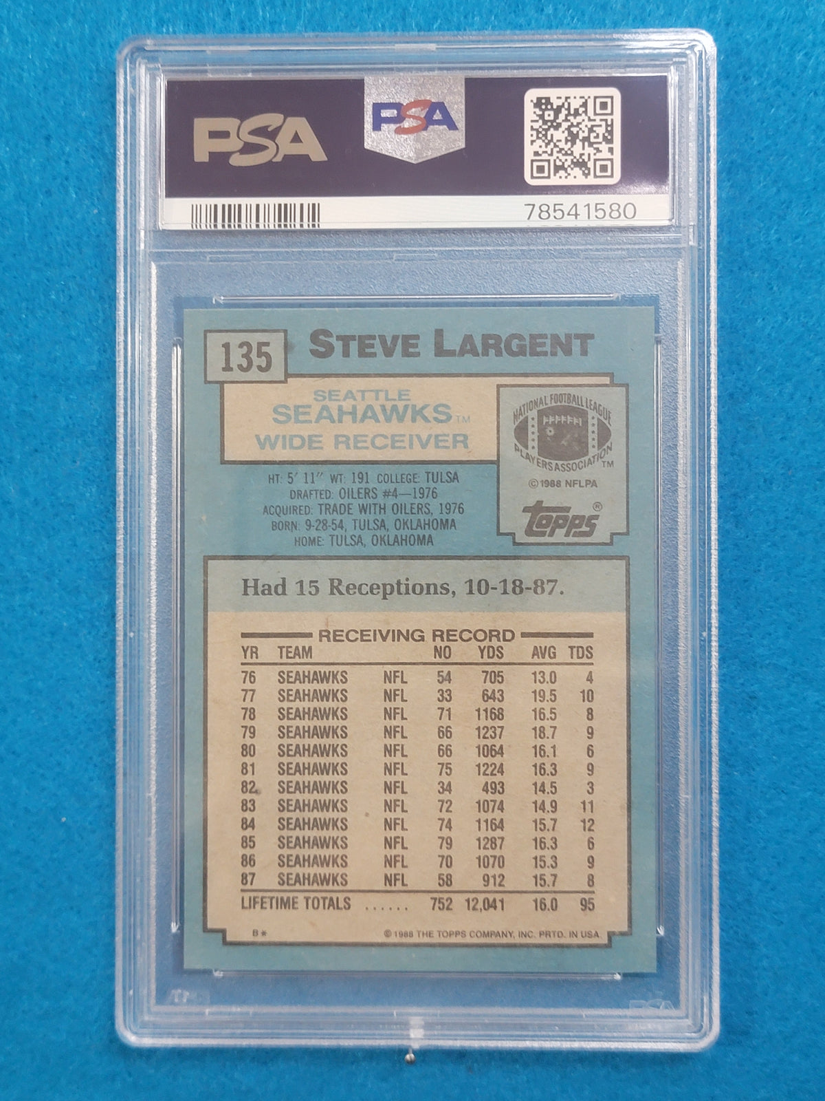 Steve Largent 1977 - 1989 Complete Basic Topps Player Set PSA Graded Mint 9 & 10 (RC)