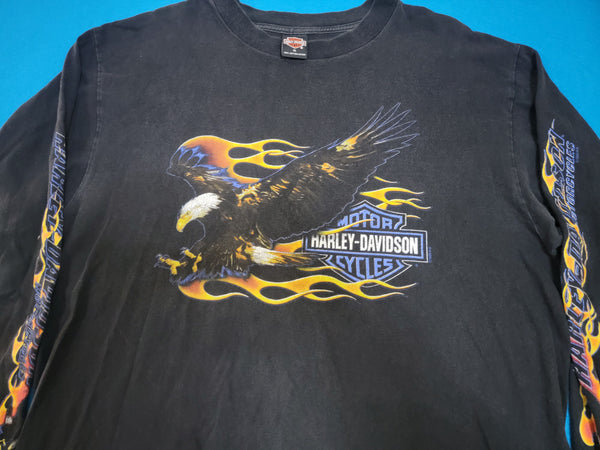 Harley Davidson Motorcycles HD Vintage 1999 Kennewick Shumate 90's Long Sleeve Flames T-Shirt