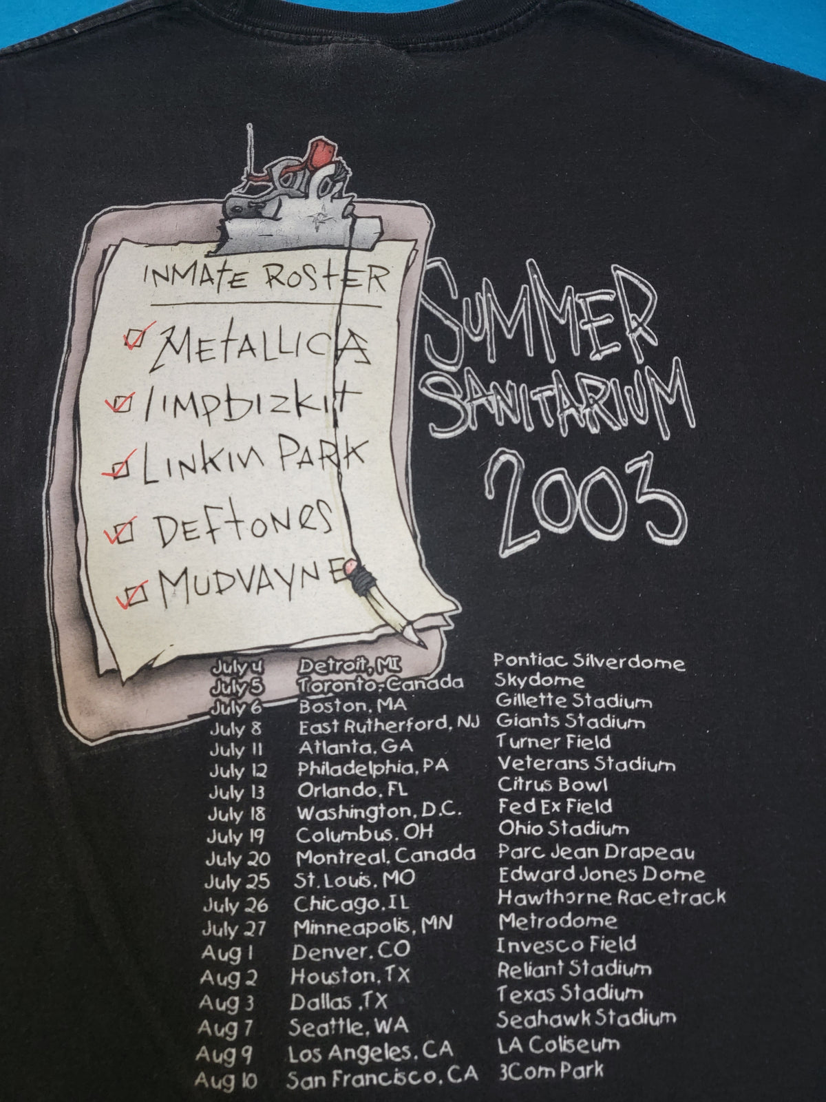 Metallica Limp Bizkit Deftones Linkin Park Mudvayne Inmates Summer Sanitarium 2003 Tour T-Shirt