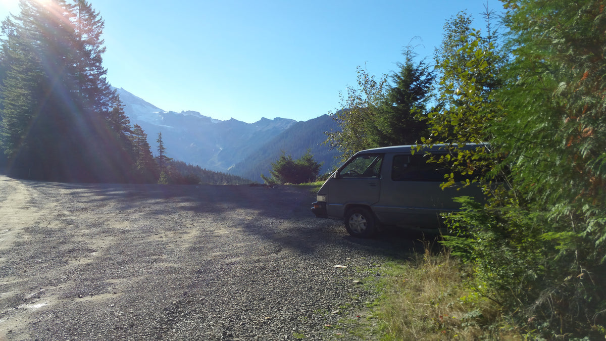 Blue Van at the base of Mt. Rainier on a recent camping trip.
