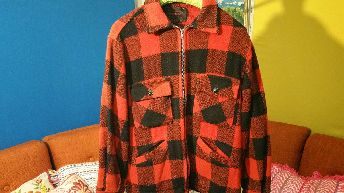 Red Checkered Brent Wool Hunting Jacket w/ Zipper Vintage 1970's