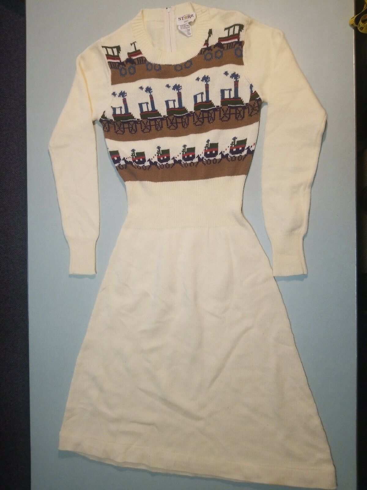 1980s Vintage Judy Starr Long Sleeve Sweater Dress Zip w Antique Train Design