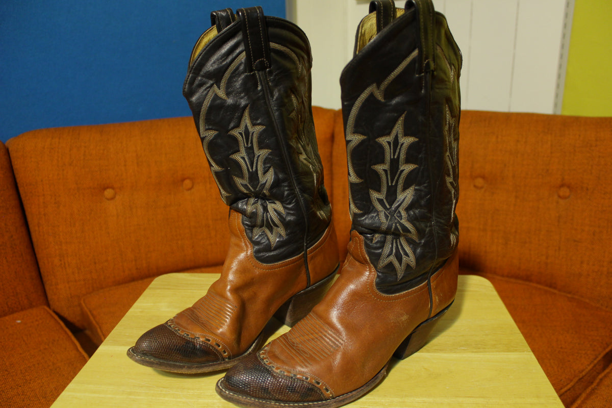 Tony Lama Vtg Western Leather Cowboy Boots Lizard Cap Toe 6951 Men Size 8D Dancing