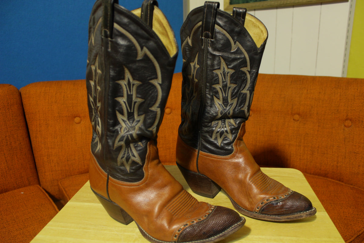 Tony Lama Vtg Western Leather Cowboy Boots Lizard Cap Toe 6951 Men Size 8D Dancing