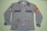 JC Penneys Big Mac Vintage 70's Chambray Embroidered Hippie Flower Patch Shirt