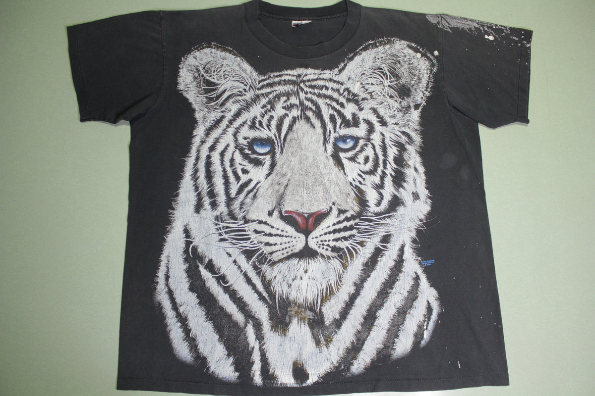 White Tiger Vintage 90's Big Print Animal Wildlife Single Stitch T-Shirt