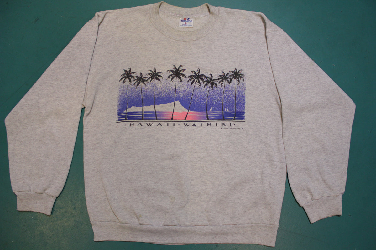 Hawaii Waikiki 1991 Beach Palm Sunset 90s TeeJays Made in USA Vintage Sweatshirt
