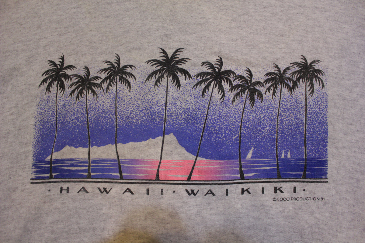 Hawaii Waikiki 1991 Beach Palm Sunset 90s TeeJays Made in USA Vintage Sweatshirt