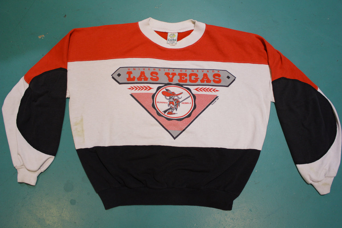 University of Nevada Las Vegas Color Block Runnin Rebels 1988 Made in USA Fifty-Fifty Caribe 80s Vintage Crew Neck Sweatshirt