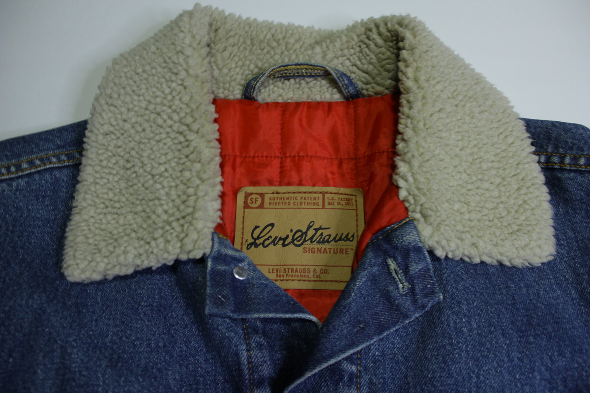 Levis Red Quilt Lined Signature Strauss Sherpa Collar Denim Trucker Jean Jacket