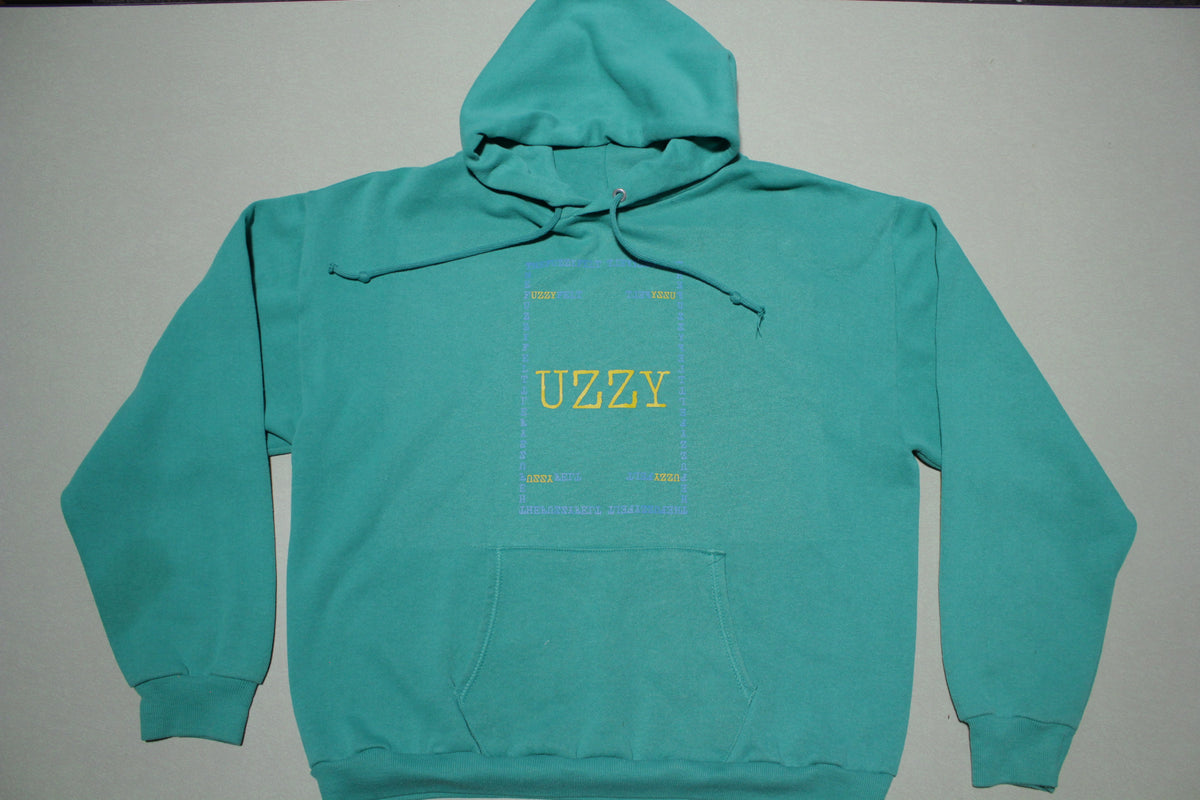 "UZZY" Fuzzy Felt Custom Hand Printed Logo On Authentic Vintage Hoodie Sweatshirt