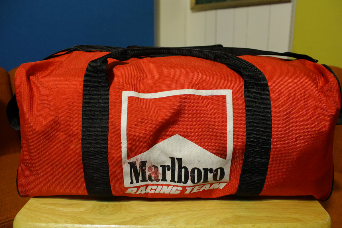 Marlboro Racing Team Vintage Red Duffle Gym Bag Black Straps Zipper Cigarettes