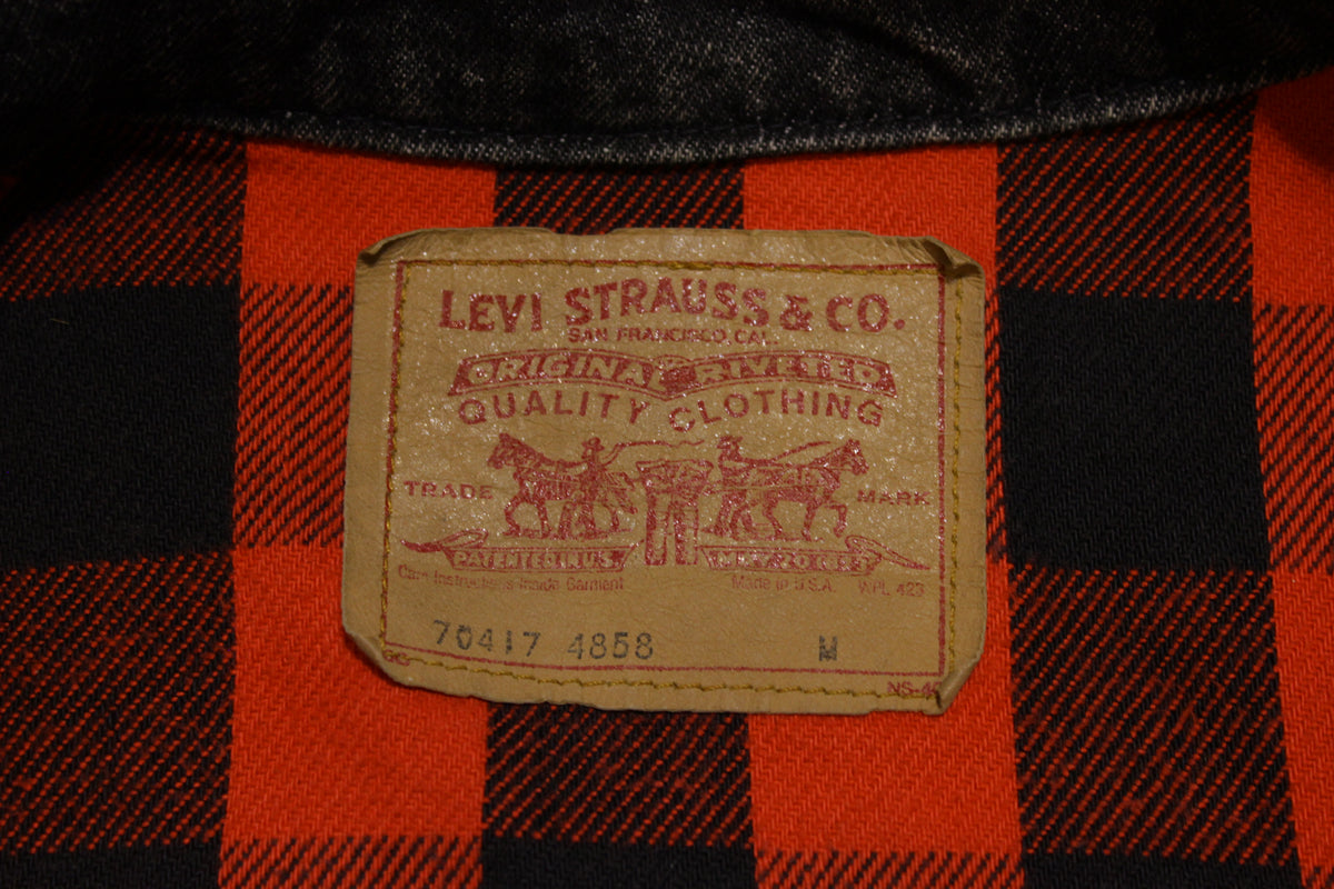 Levis 80's Trucker Jean Jacket 4 Pocket USA Made Buffalo Plaid Lining 70417 Black