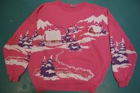 Snow Scene 80's Vintage All Over Print Pink Lifestyles Made in USA Sweatshirt