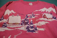 Snow Scene 80's Vintage All Over Print Pink Lifestyles Made in USA Sweatshirt