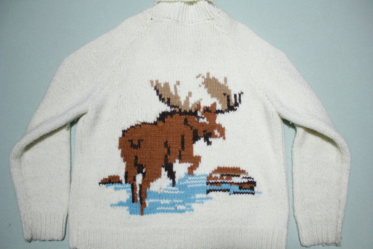 Cowichan Vintage 1950s Hunting Moose Elk Outdoor Pocket Knit Sweater Jacket