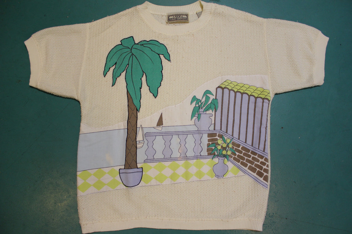 Planted Palm Tree Balcony Mediterranian Beach Scene 80's Vintage T-shirt