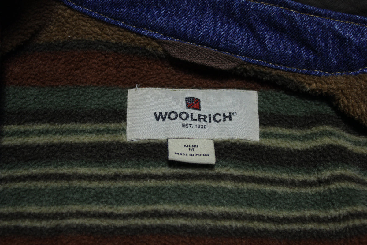 Woolrich Fleece Lined Leather Collar Vintage Trucker Denim Barn Jean Ranch Jacket