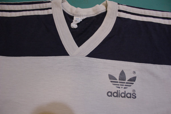 Adidas Navy and Gray Colorblock V-neck 80's Made in USA Vintage T-shirt