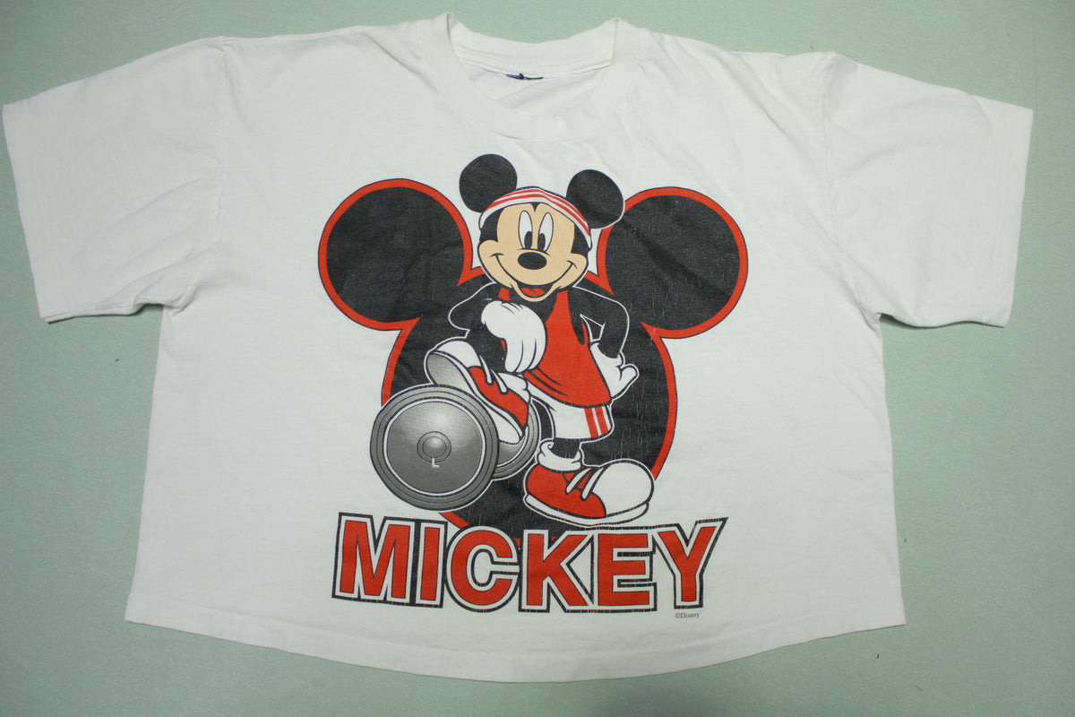 Mickey Mouse Vintage Disney Single Stitch Gym Work Out Dumbbell Crop Top T-Shirt