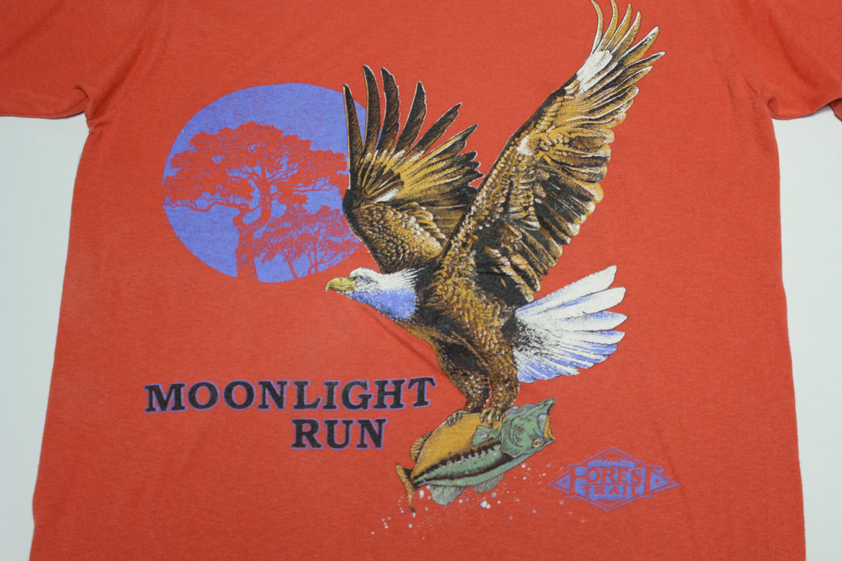 Forest Trail Moonlight Run Flying Eagle Big Bass Fish Vintage 80's USA Pocket T-Shirt