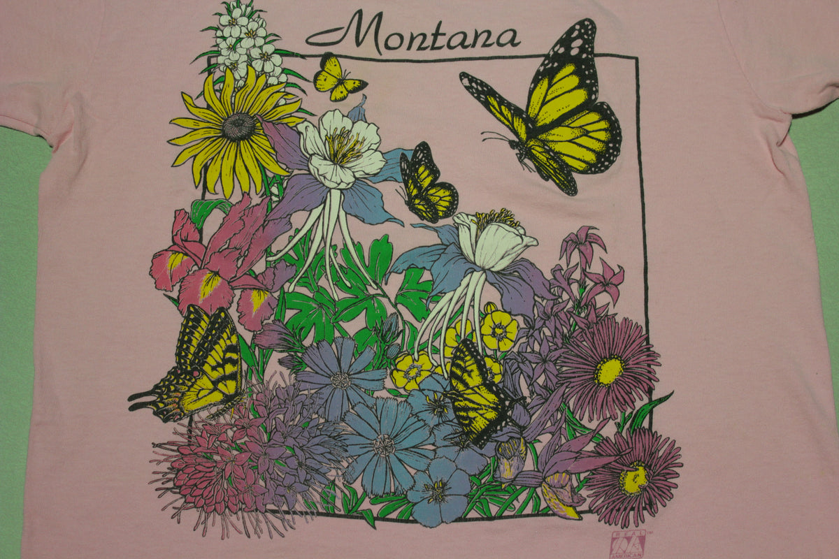 Montana Vintage Flowers, Butterfly Pink Single Stitch 80's T-Shirt