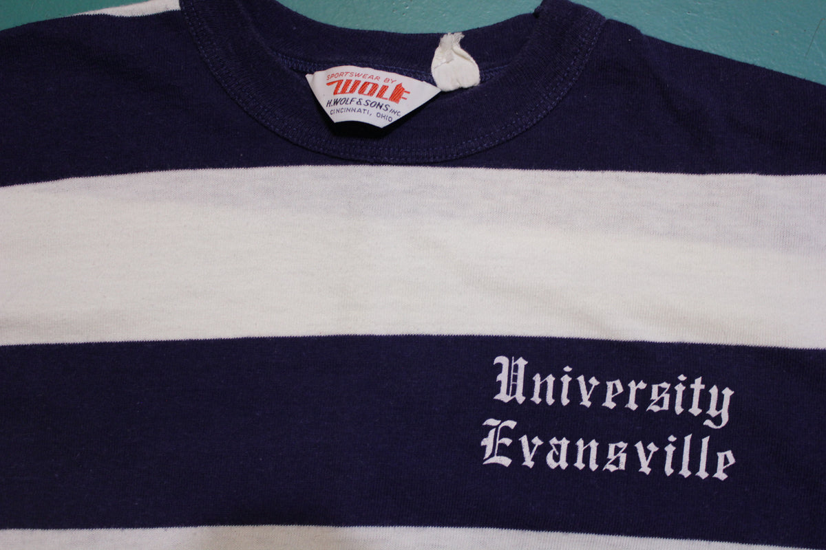University Evansville Navy and White Striped Vintage 70's T-shirt Banded Collar