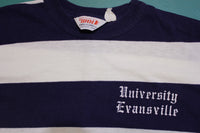 University Evansville Navy and White Striped Vintage 70's T-shirt Banded Collar