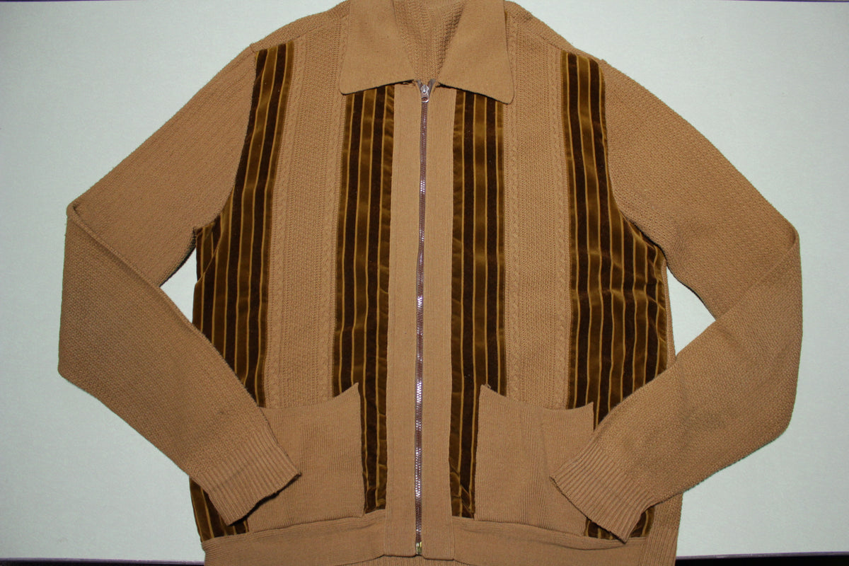 Brown 60's Velour Striped Cardigan Zip Up Sweater