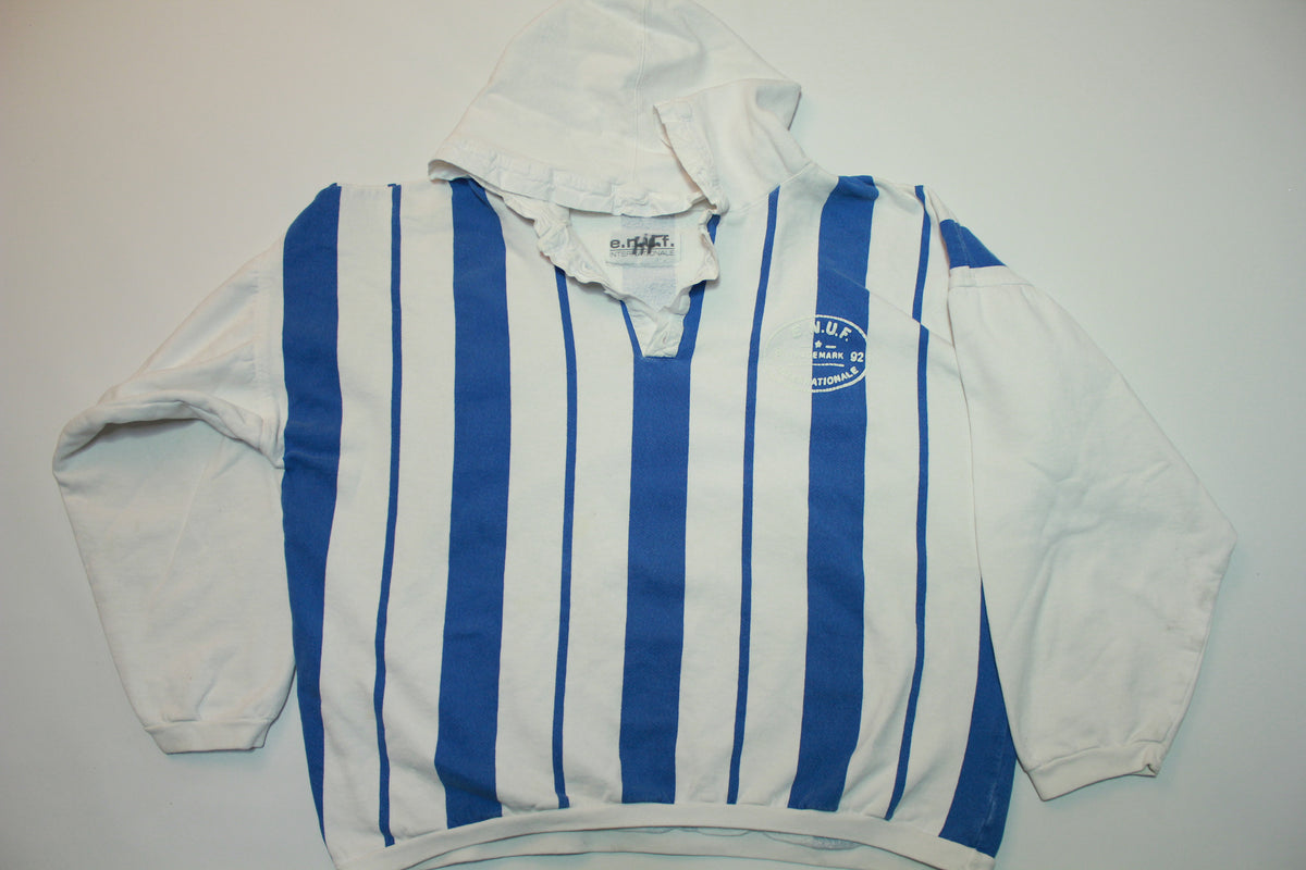 ENUF Vintage 1992 International Pullover Blue Striped Hoodie 90's Sweatshirt